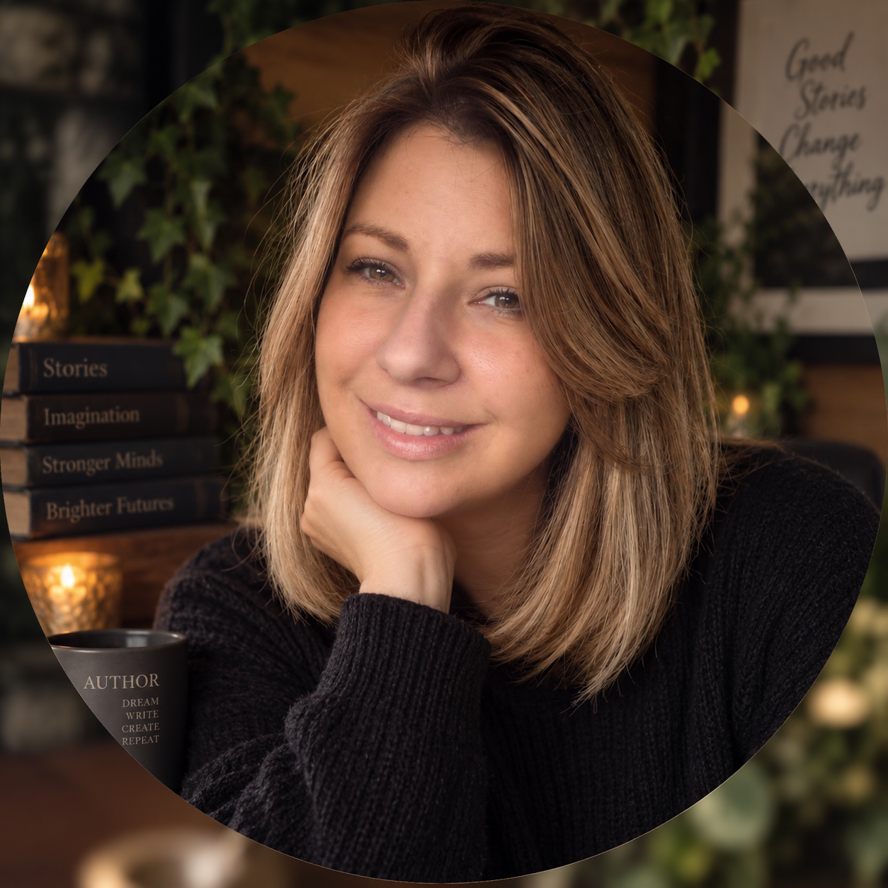 Amie L. Spurgeon, smiling, chin resting on her hand, in a warm room lined with books and plants.